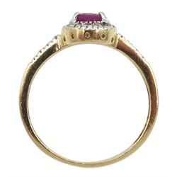 9ct gold oval ruby and diamond cluster ring, with diamond set shoulders