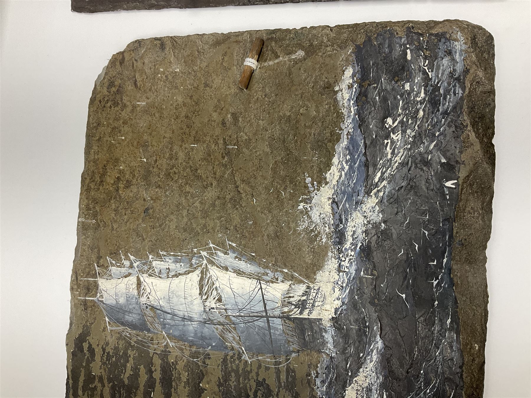 Michael J Whitehand (British 1941-): Three oil paintings of ships on slate signed, largest H40cm, L75cm