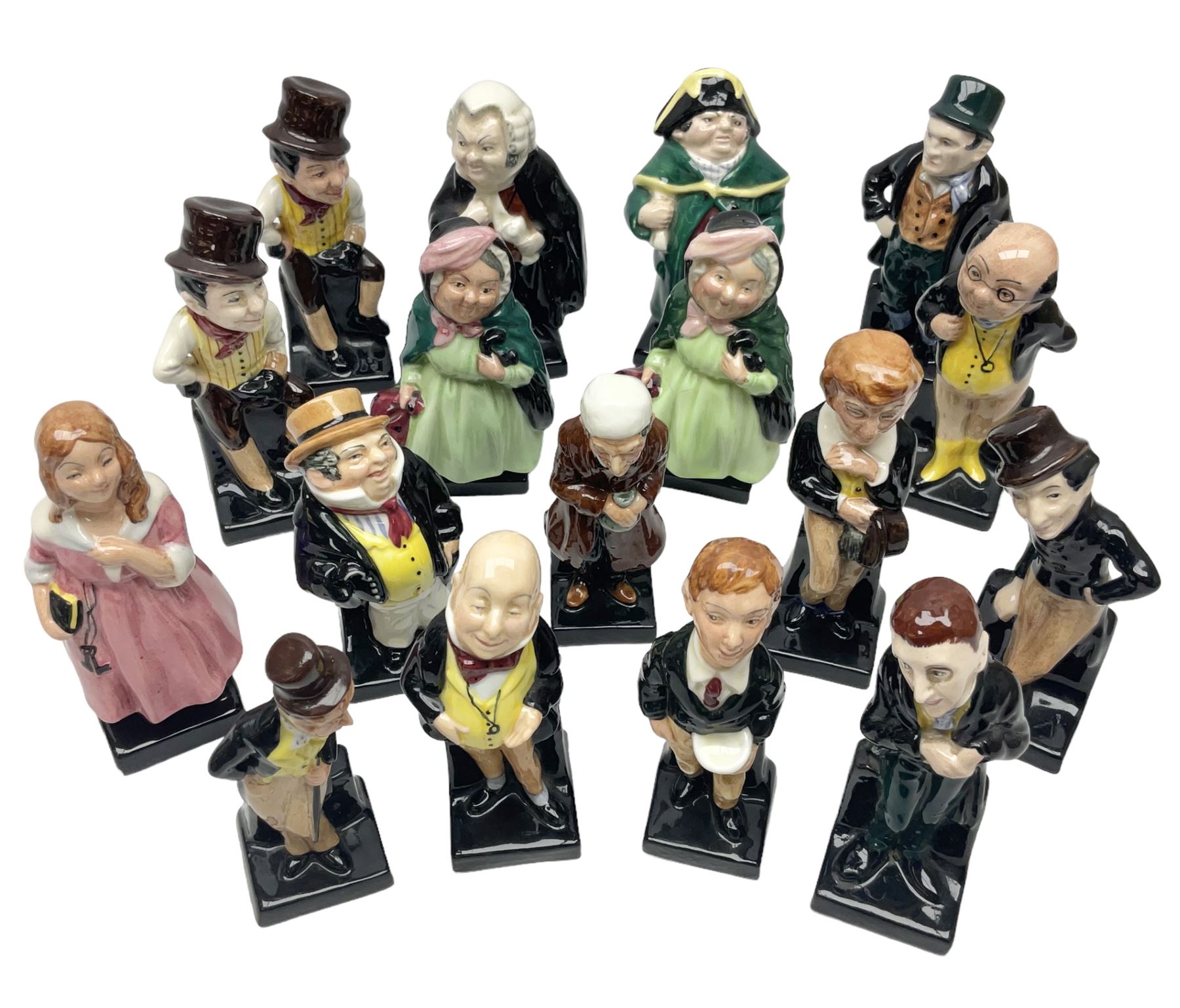 Seventeen Royal Doulton Charles Dickens figures, to include Bumble, Sairey Gamp, Scrooge, Dick Swiveller, Little Nell etc, all with printed marks beneath