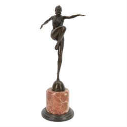 After Johann Philipp Ferdinand Preiss, art deco style bronze figure of a dancer upon a ste...