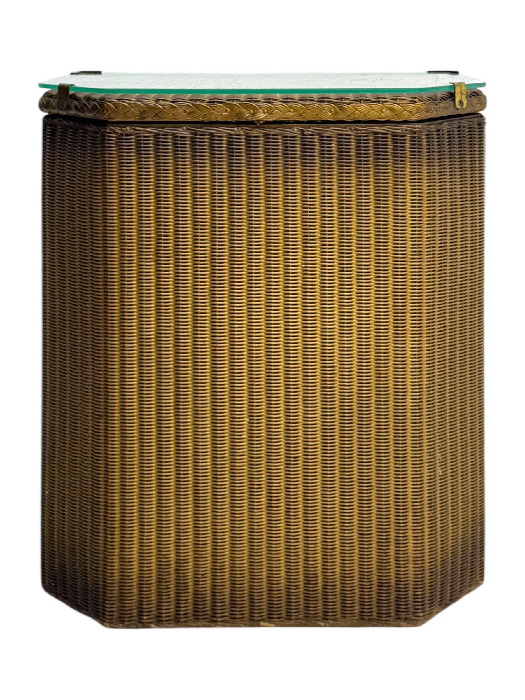 Lloyd Loom - mid-20th century 'Lusty' wicker laundry basket, hexagonal form with gilt painted finish, hinged top with glass insert