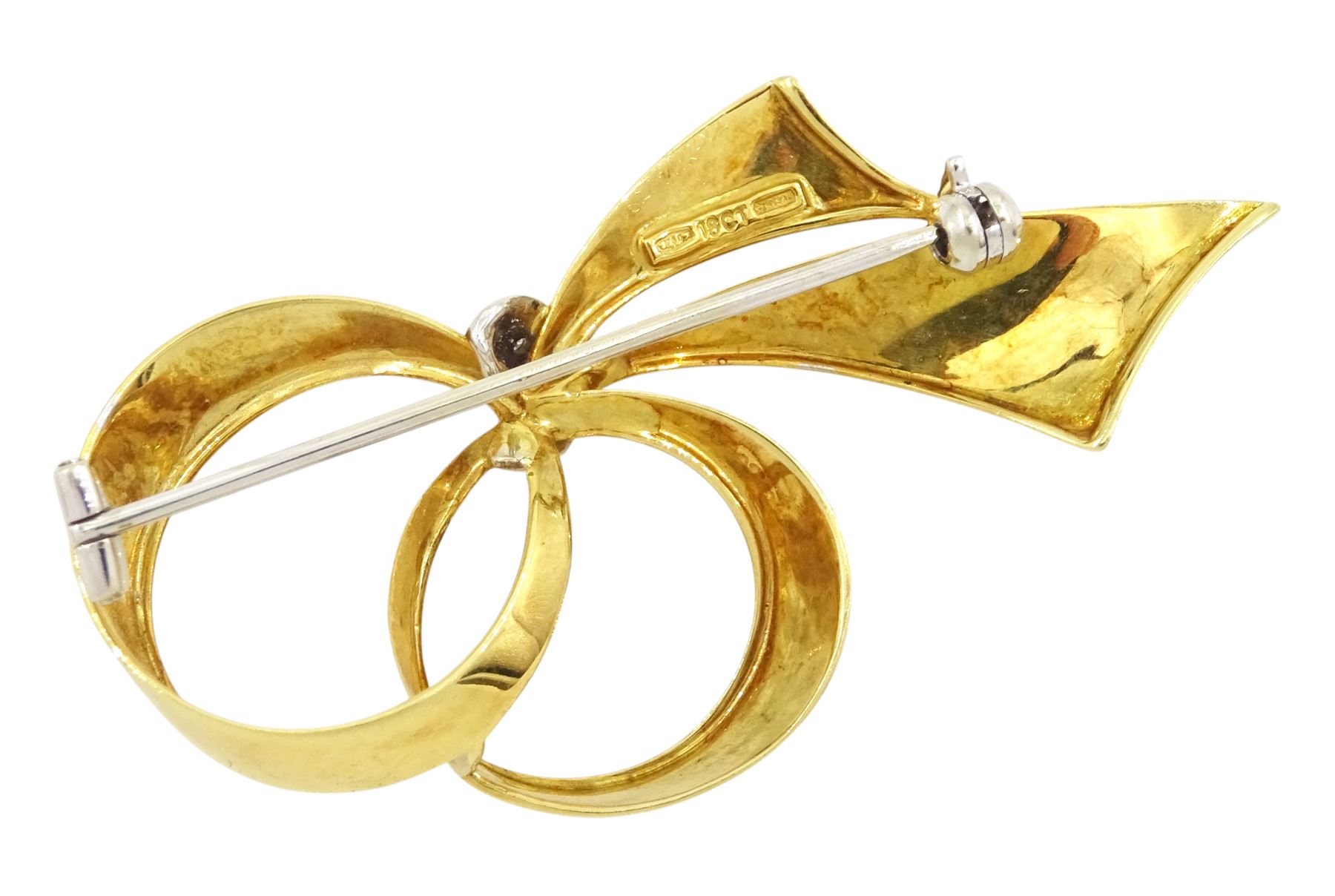18ct white and yellow gold diamond bow brooch, Sheffield import mark 1992
