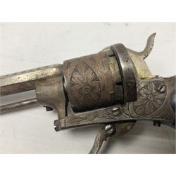 19th century Belgian 7mm pin-fire six-shot revolver with engraved action, folding trigger and ornate grips, ELG proof marks, No.4562 L20cm