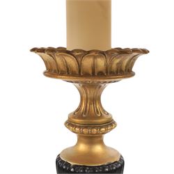 Neoclassical style table lamp, with conical stem upon a circular base, with gold lampshade with tassel trim, H82cm without shade