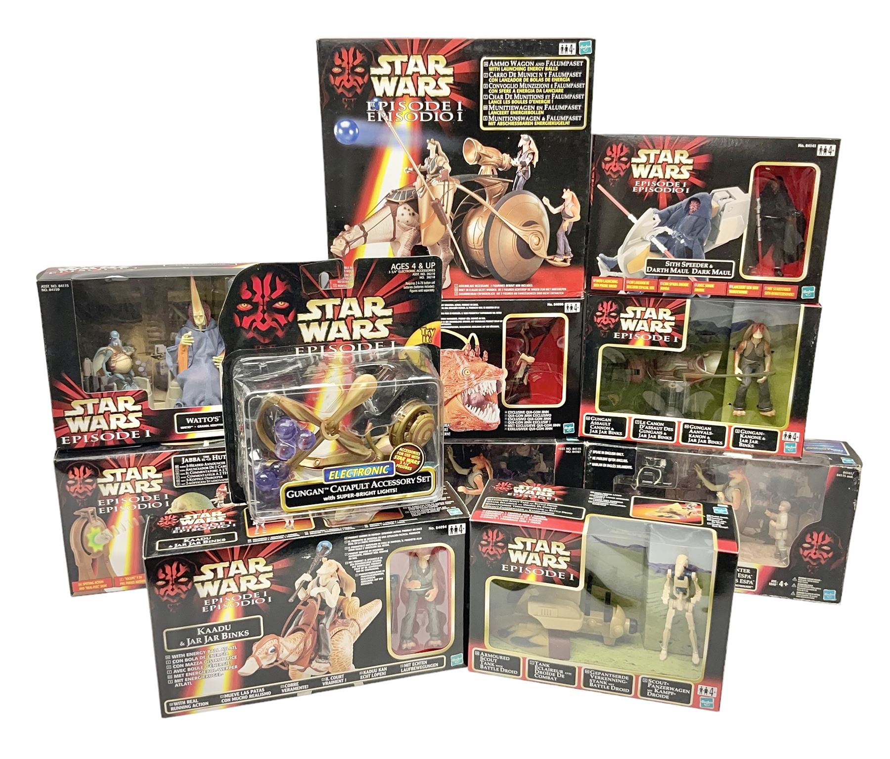 Star Wars - Episode 1 - Kaadu & Jar Jar Binks, Jabba The Hutt, two x Mos Espa Encounter, Opee & Qui-Gon Jinn, Watto's Box, Ammo Wagon & Falumpaset, Gungan Assault Cannon, Sith Speeder & Darth Maul, Armoured Scout Tank with Battle Droid and Gungan Catapult Accessory Set; all boxed (11)