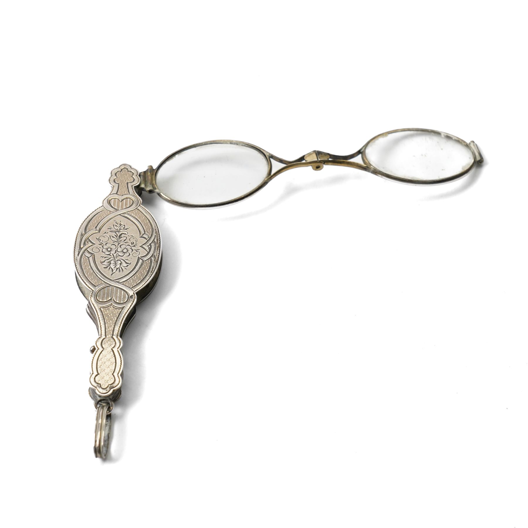 Pair of white metal folding French reading glasses, L9cm; together with a Japanese pill bronze box, D4.5cm and 'N' seal with mother of pearl handle (3)