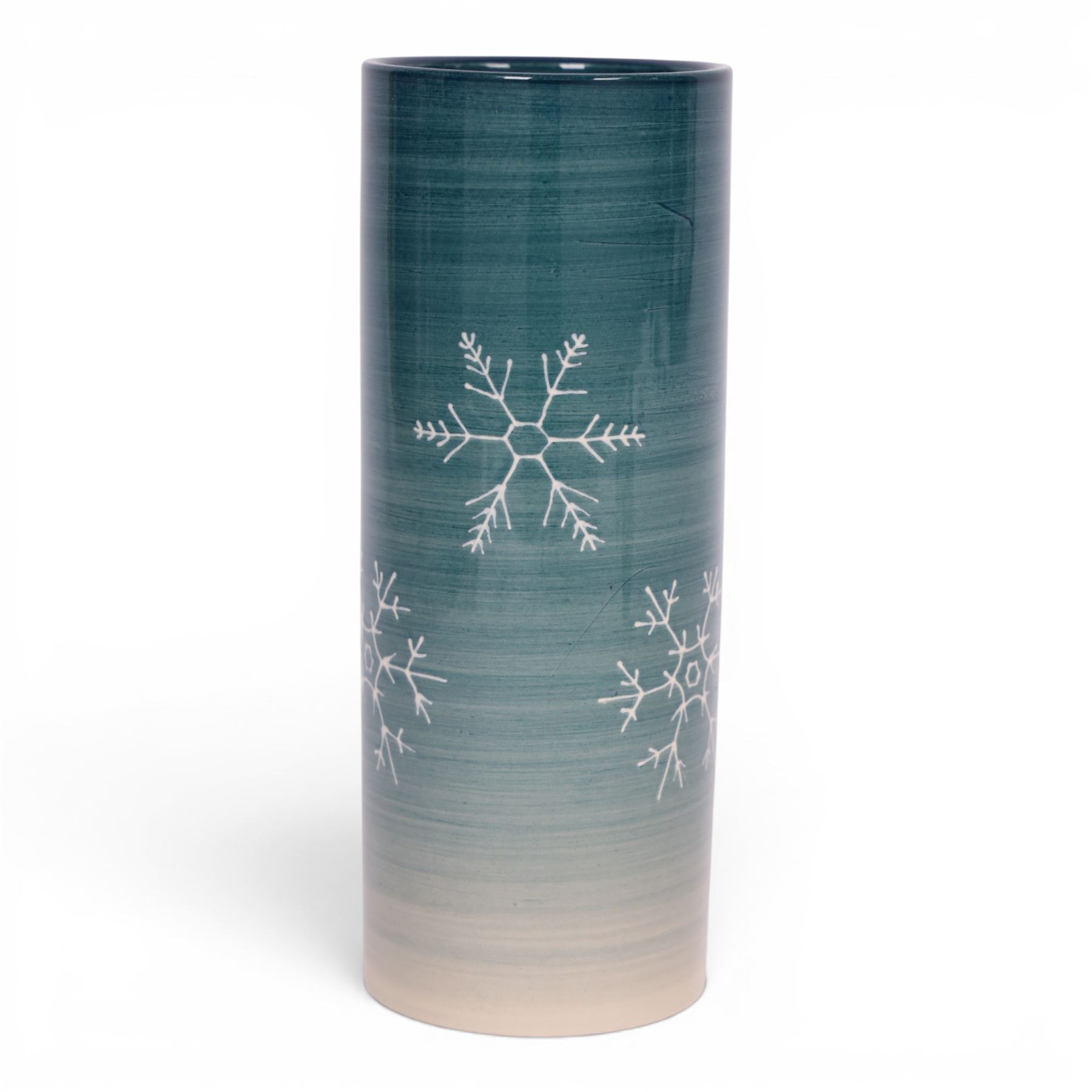 Dennis China Works trial vase of cylindrical form, decorated with snowflakes on a green ground, H23cm 