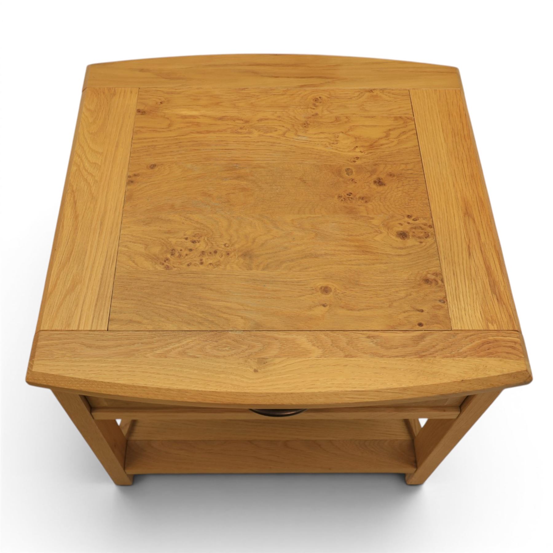 Contemporary light oak nest of two tables, and a contemporary light oak side table, fitted with single drawer
