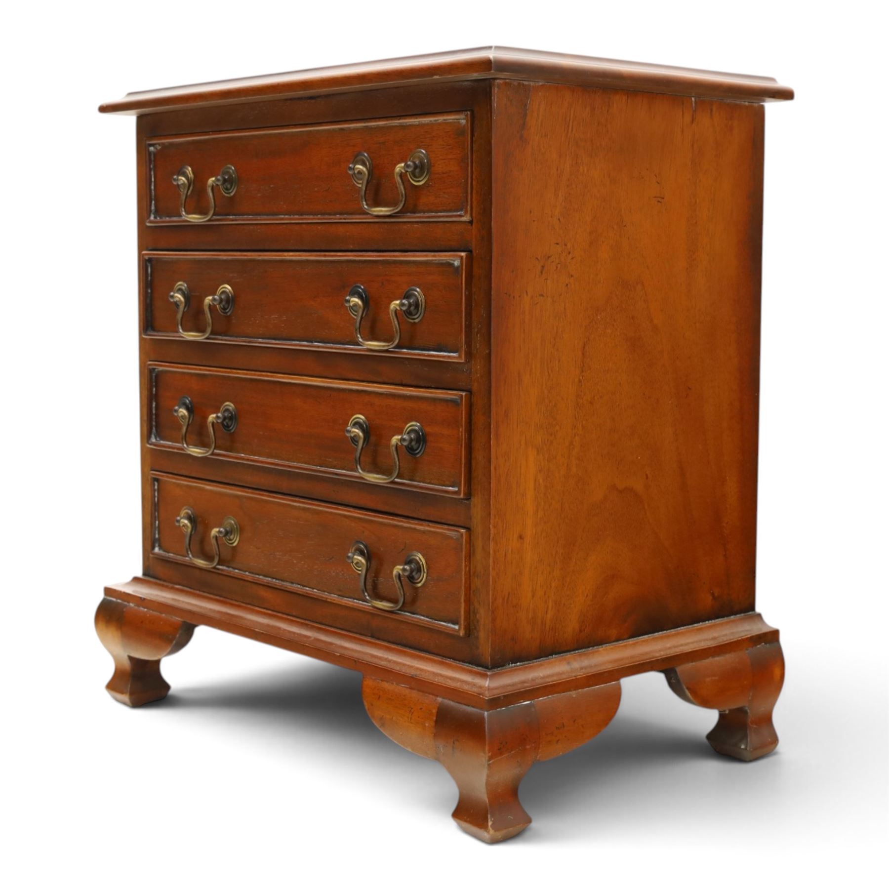 Georgian design mahogany dwarf chest, fitted with four long cock-beaded drawers, on ogee bracket feet