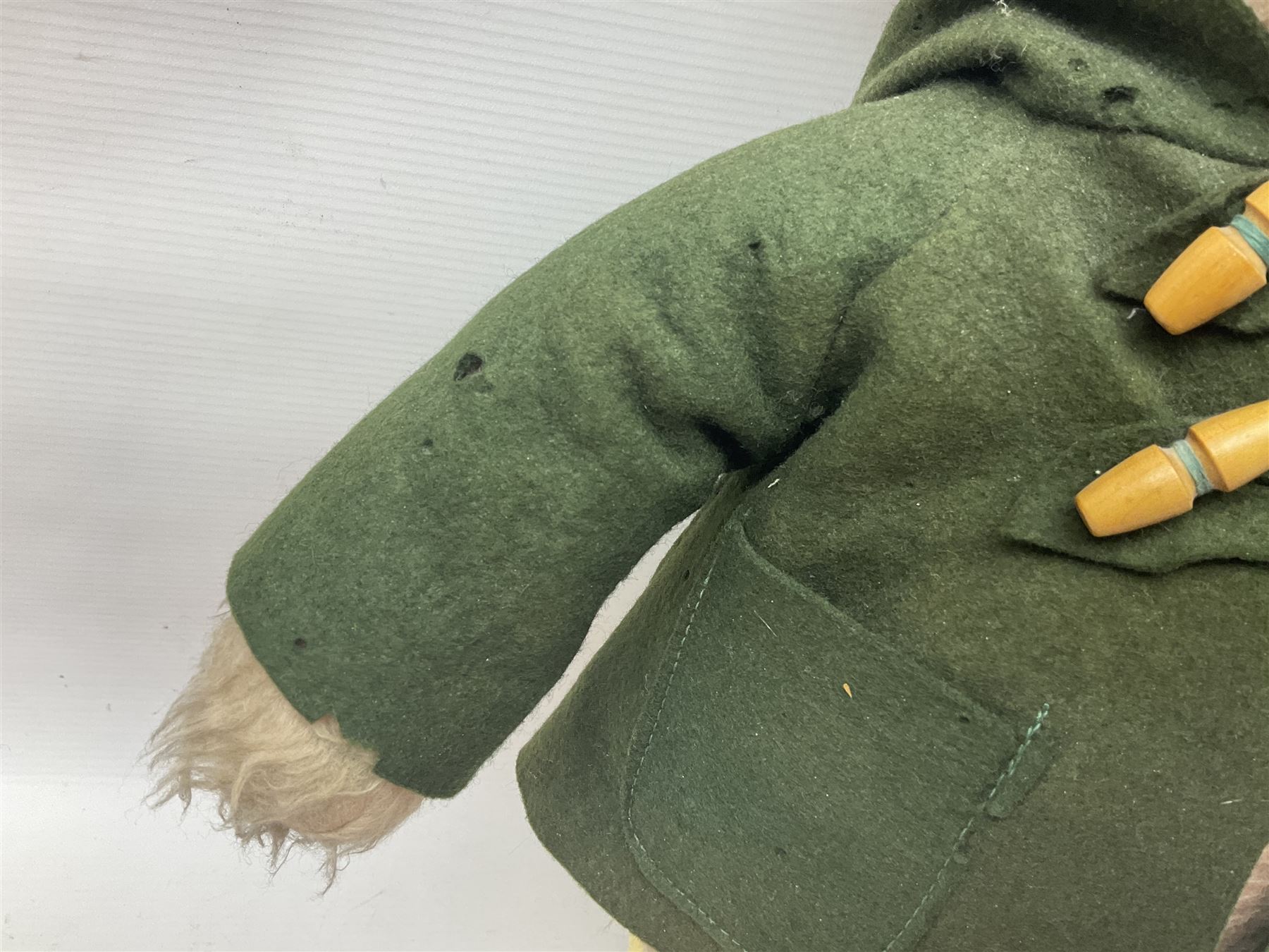 Vintage Paddington Bear teddy with yellow felt hat, green coat and yellow Dunlop boots, H48cm
