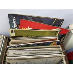 Wooden magazine rack, with floral detail, together with a collection of records, to include the box sets 'the Story of Great Music', 'Popmobility', Happy Holiday in Greece  etc, in three boxes 