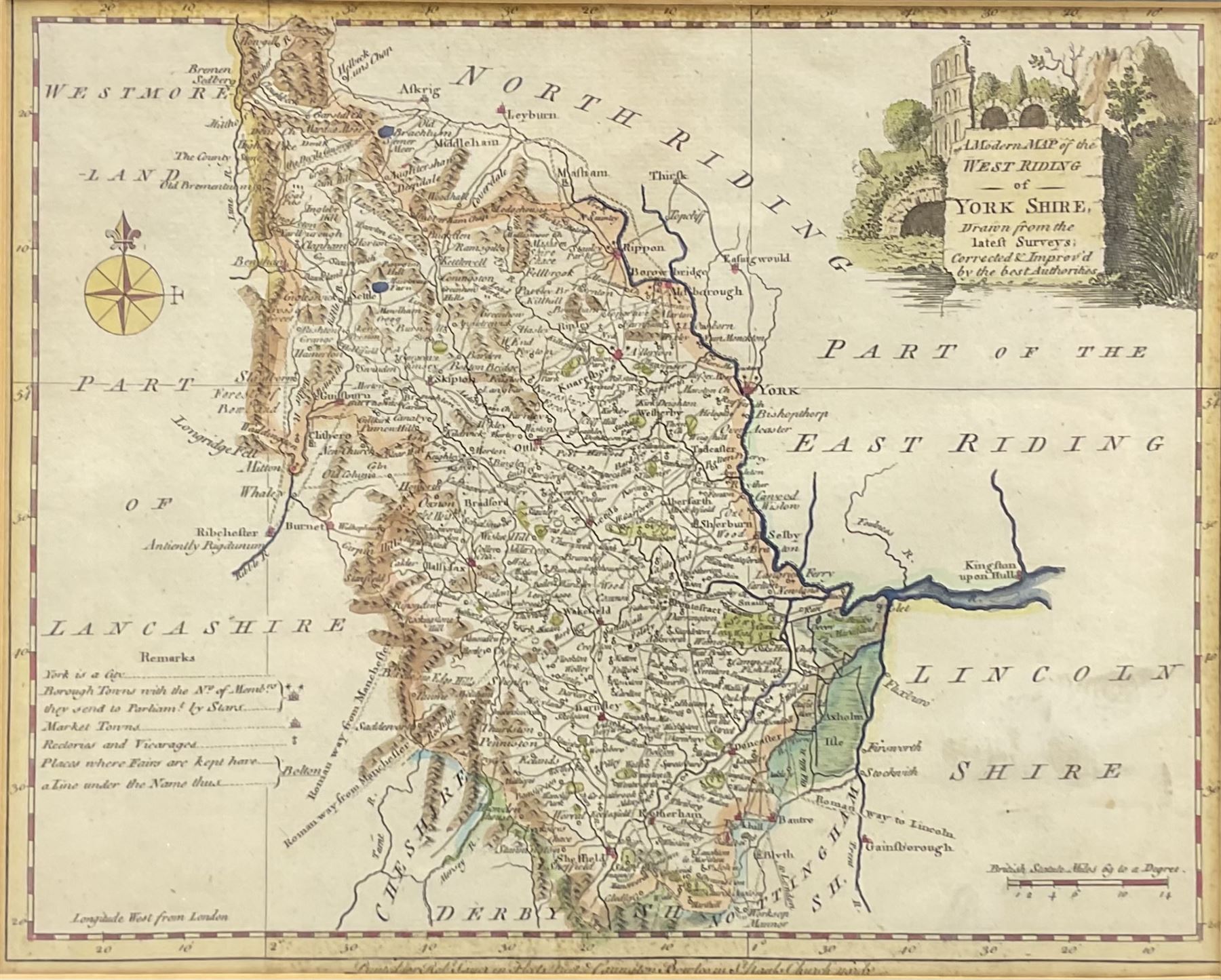 Joseph Ellis (British 18th century): 'A Modern Map of the West Riding of Yorkshire' and 'A Modern Map of the North Riding of Yorkshire', pair 18th century engraved maps with hand-colouring 20cm x 24cm (2)