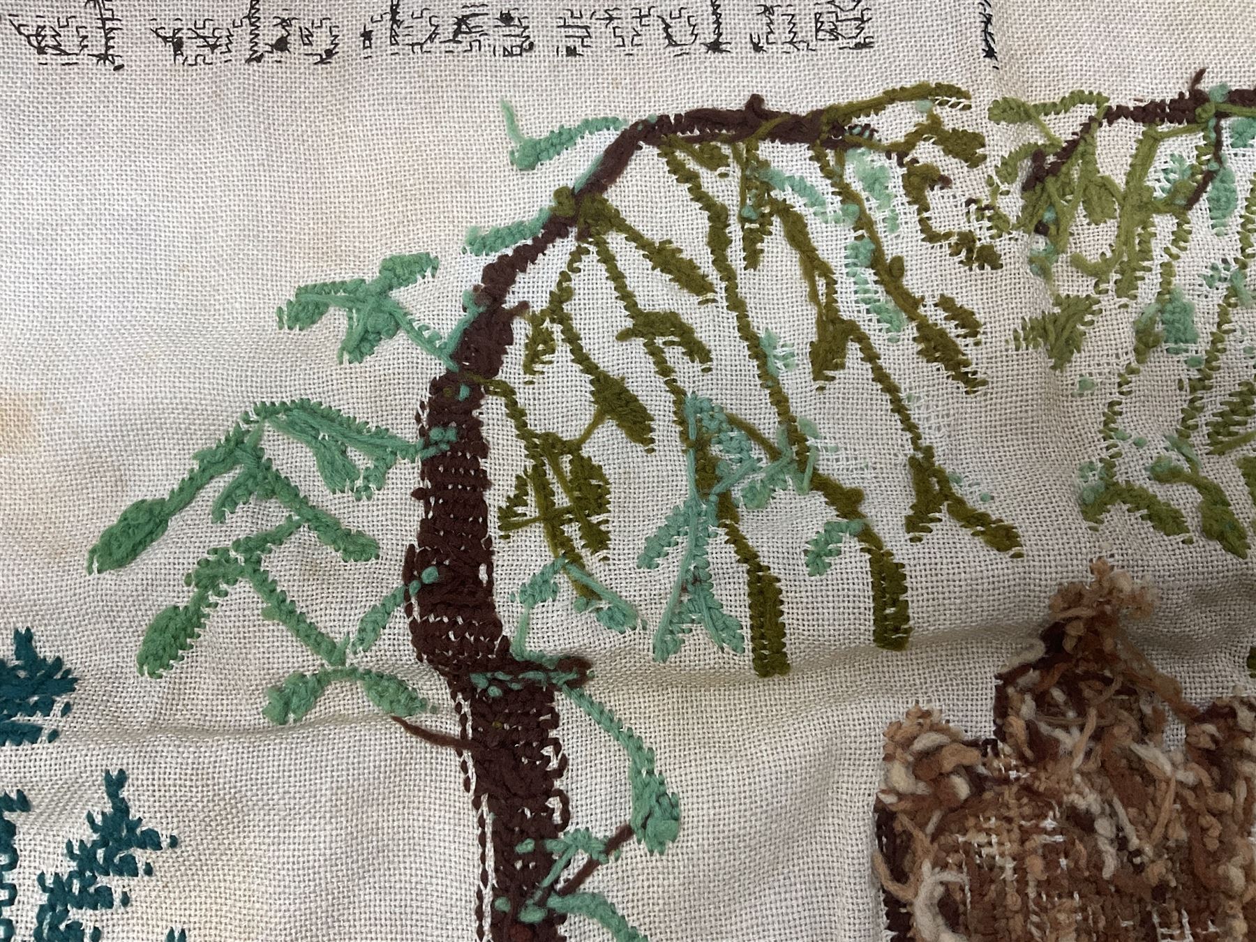 Victorian needlework  picture and verse sampler, 'In memory of Joshua Thomas who died Sep 22nd 1871 age 45', worked by Rebecca Emmott 1872 age 21, H66cm, W61cm 