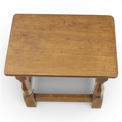 Sid Pollard of Thirsk - oak joint stool, the rectangular top with rounded corners over turned block supports united by stretchers 