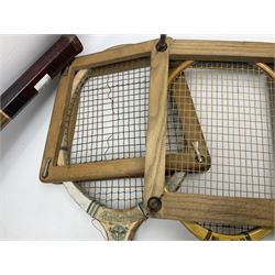 Quantity of early 20th century and later tennis rackets, to include Artus Majesty, Dunlop Alpha, Atlas Silver Shield and Raleigh Konni, together with a stitched rugby ball
