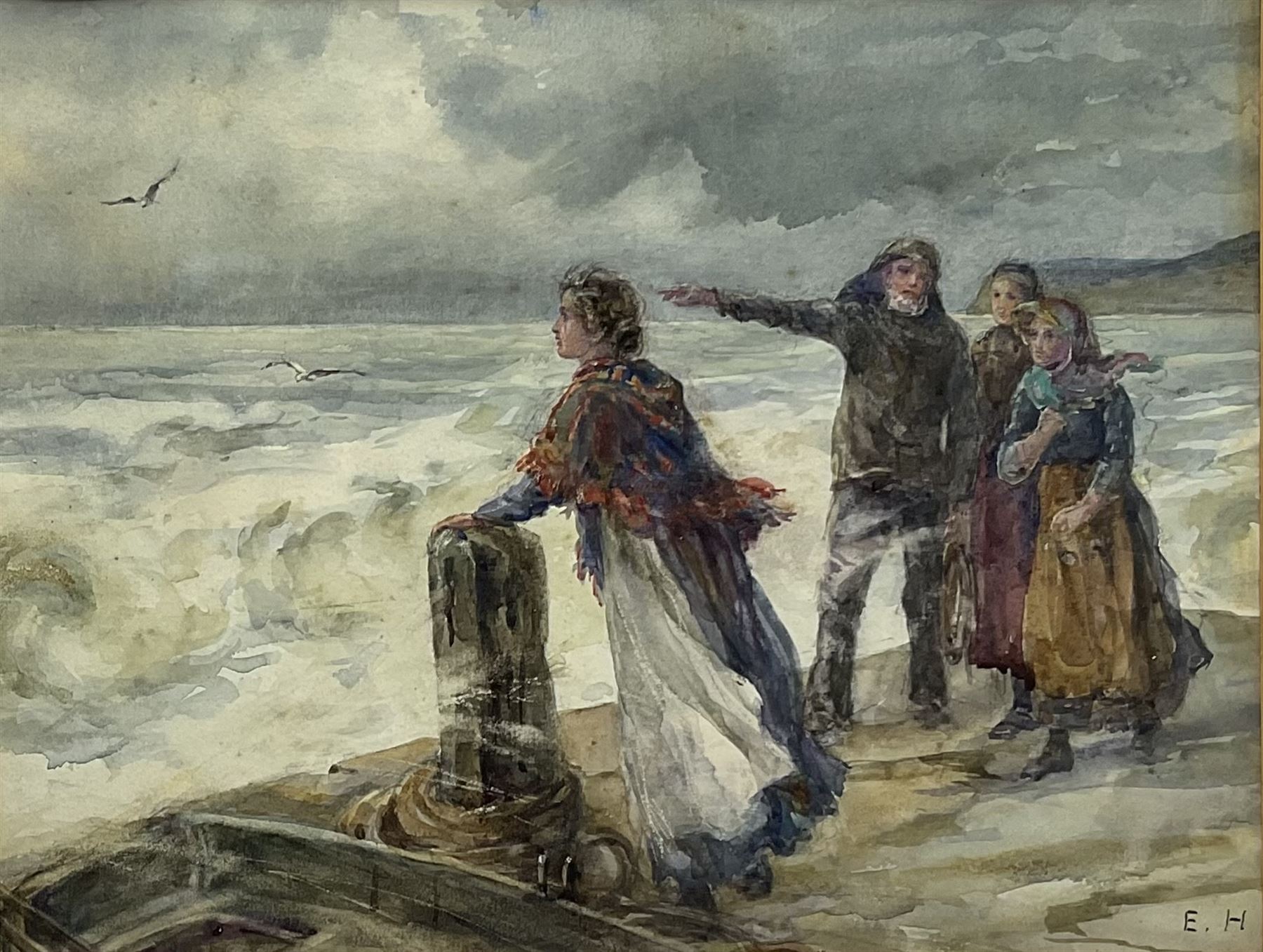 Ethel Hall (British exh.1894-1940): Figures on a Jetty, watercolour signed with initials 24cm x 31cm
