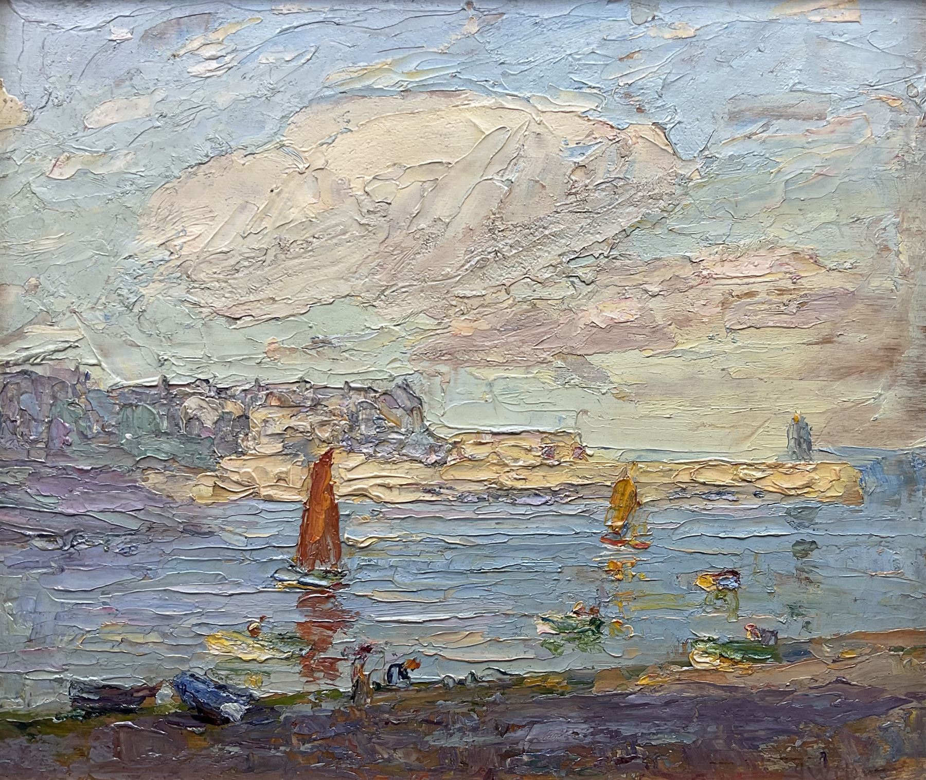 John William Howey (Staithes Group 1873-1938): 'Evening - Hartlepool Harbour', oil on panel signed, titled verso 24cm x 29cm 
Provenance: private collection, purchased T B & R Jordan Fine Art Specialists, Stockton on Tees; the Jordans were responsible for dispersing the estate of Robert Leslie Howey (1900-1981), the artist's son. A fine example of English Impressionism, exemplifying the Staithes Group's French influence.