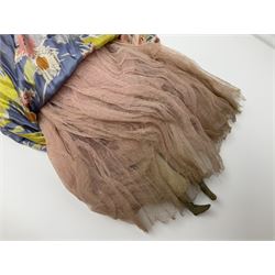 Victorian large wax over composition Pumpkin head doll, with inset dark glass eyes, moulded blonde hair in curls, stuffed body with carved and painted wooden limbs, grey painted boots, floral satin dress with netting underclothes H61cm