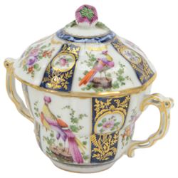 19th century porcelain chocolate cup and cover, decorated in the manner of Worcester with exotic birds, probably Samson Paris 