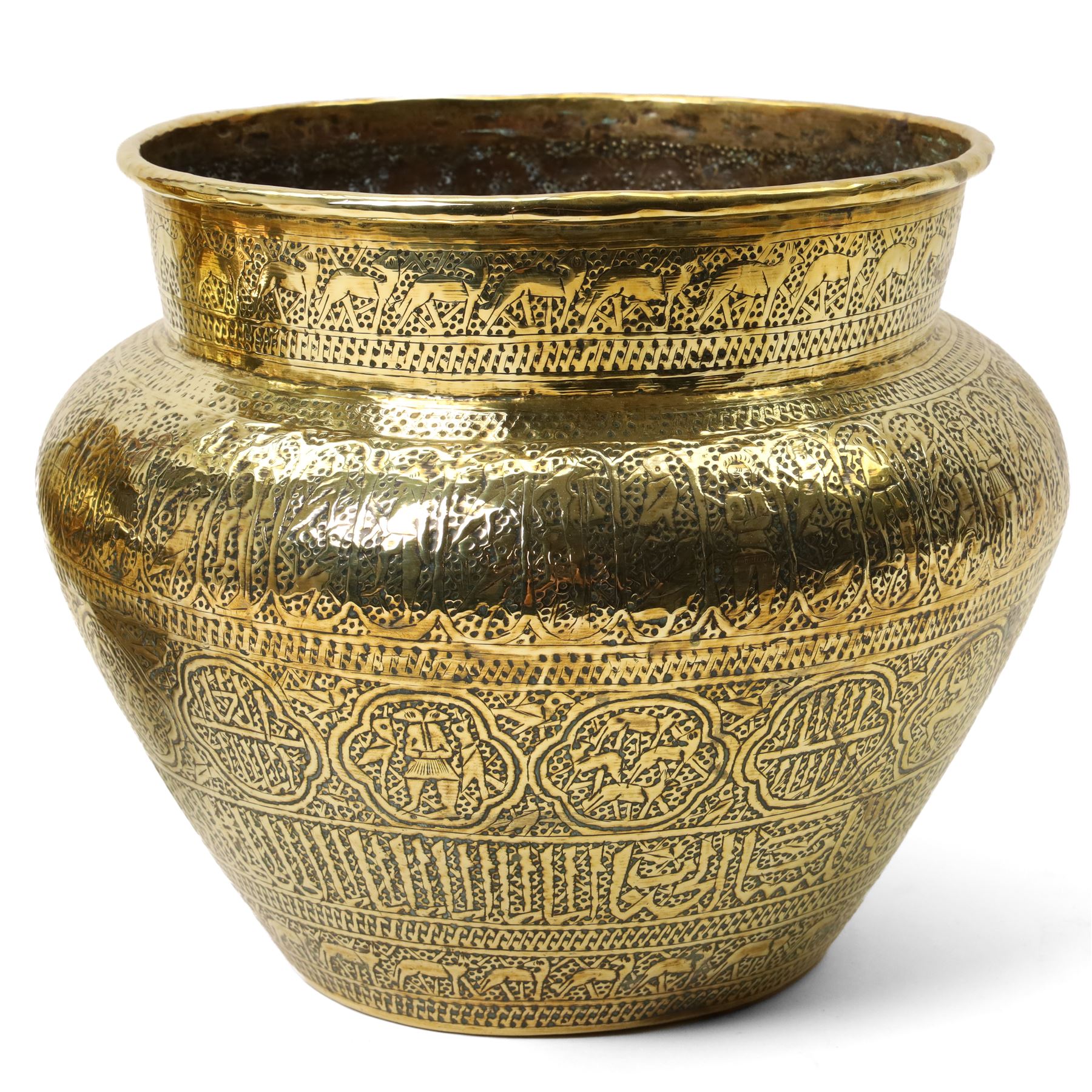  Islamic brass jardiniere  with all over engraving of figures, animals etc D31cm and a slightly smaller matching jardiliere D27cm 
