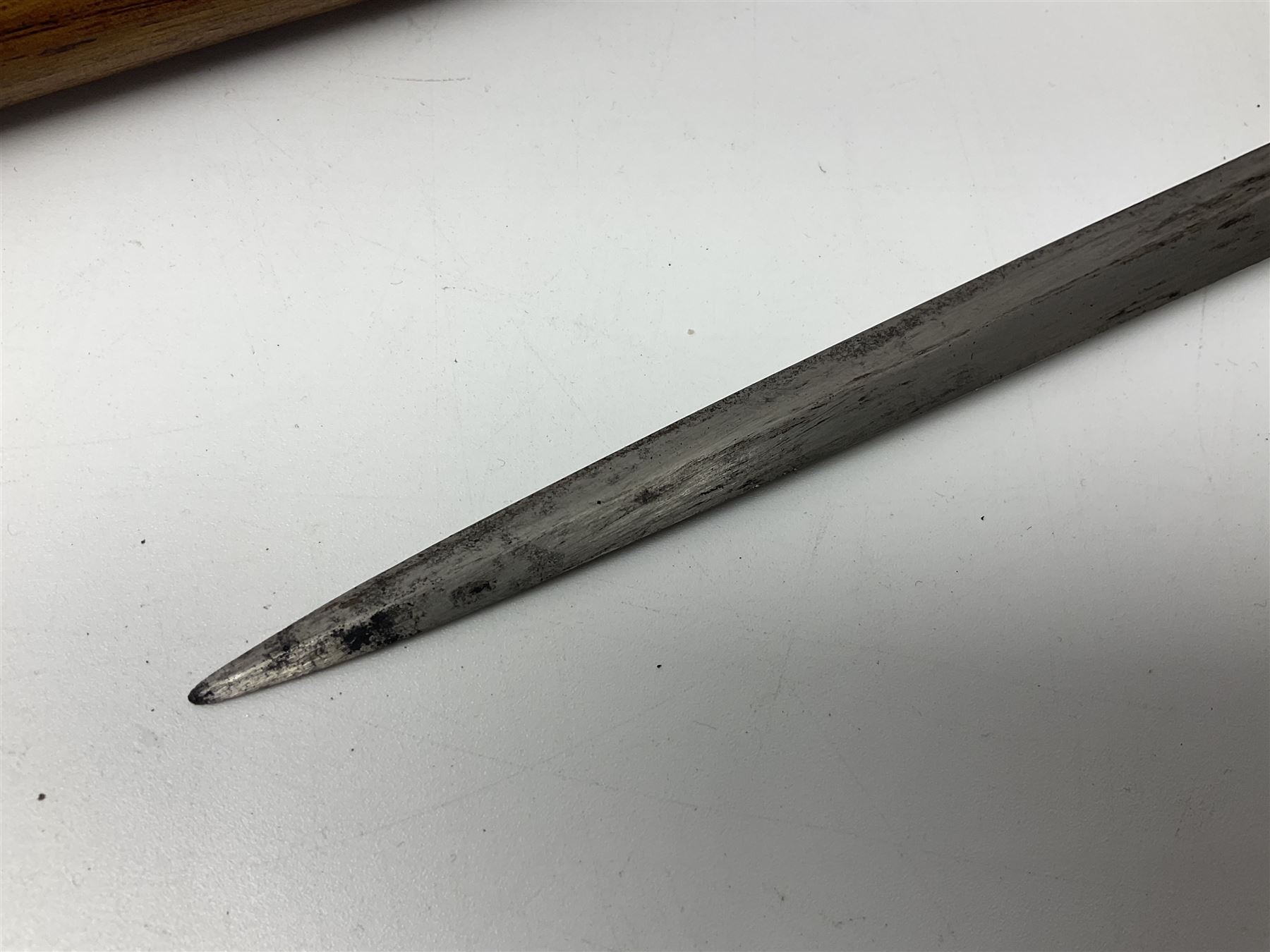 Leather covered swagger/sword stick with 40cm steel blade L62cm overall; another ash sword stick with 30cm diamond section steel blade; pair of fencing foils, the blades marked Solingen; two reproduction flintlock pistols; and 92cm inert cartridge belt (7)