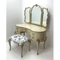 French style painted kidney shaped dressing table with three shaped swing mirrors, single centre drawer inset with Limoges style porcelain plaque, flanked by two short drawers, shaped supports, together with matching stool (W62cm, H48cm)