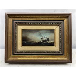 Style of Willem van de Velde the Younger (Dutch 1633-1707): Ship in Storm Conditions, oil on panel bearing initials 8cm x 16cm