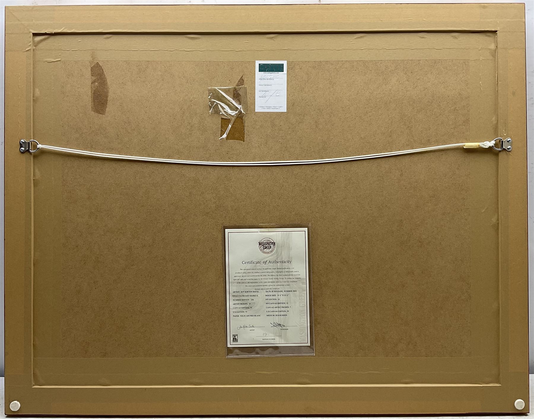 Joy Kirton Smith (British Contemporary): ‘Faces and Masks I & II’, pair printer's prof silkscreen prints on canvas signed and numbered 1/10, 37cm x 57cm (2) 