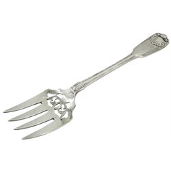 Victorian silver Fiddle Thread and Shell pattern fish serving fork, hallmarked Chawner & Co, London 1864, L2cm, approximate weight 5.29 ozt (164.7 grams)