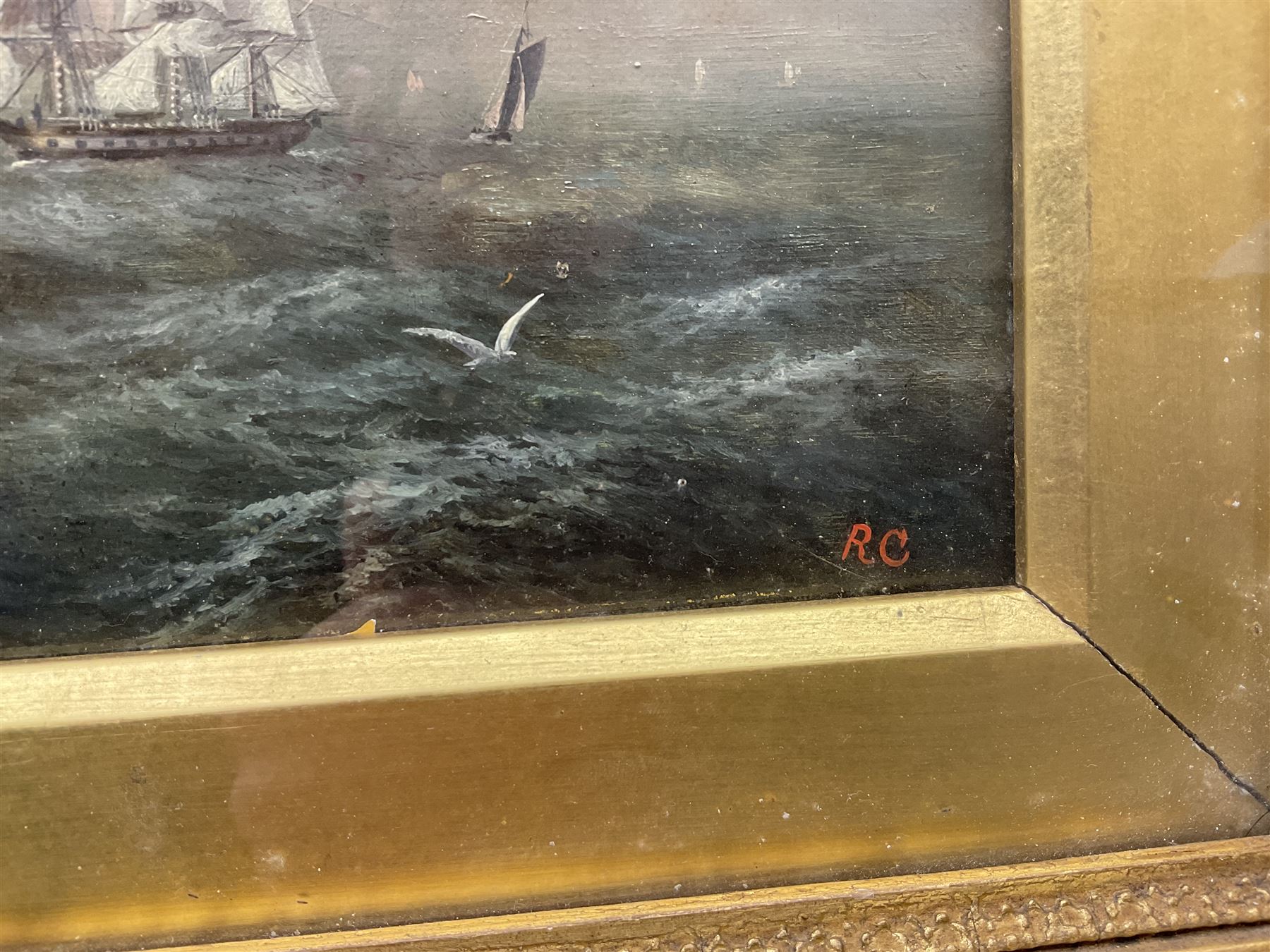 R Coverdale (British 19th/20th century): Fishing Yawl and other Masted Vessels at Sea, oil on canvas signed with initials, signed and dated '78 verso 22cm x 34cm