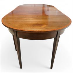 George III and later mahogany extending dining table, two D-ends, central drop-leaf table and loose leaf, satinwood banded tops, on square tapering supports with boxwood stringing