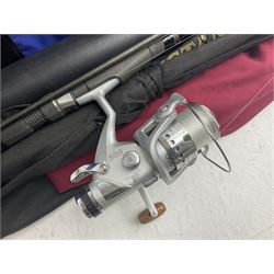 Fishing equipment, comprising reels to include Daiwa No.7300, boxed, Quick GLX 840, Quantum Heat BCS 350, okuma etc, together with various tackle, various poles, split canes and rods to include Middy Xtreme, Shakespeare Quo Carp, etc, many in bags
