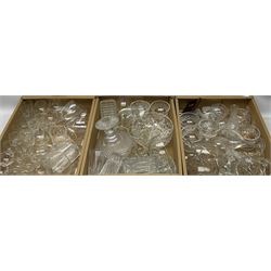 Quantity of cut glassware, to include decanters, tumblers, wine glasses, fluted glasses etc, in three boxes