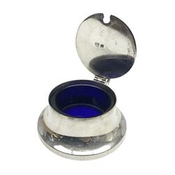 Early 20th century silver mustard pot and cover, with blue glass liner, hallmarked Hawksworth, Eyre & Co Ltd, Sheffield 1911, approximate silver weight 59.4 grams