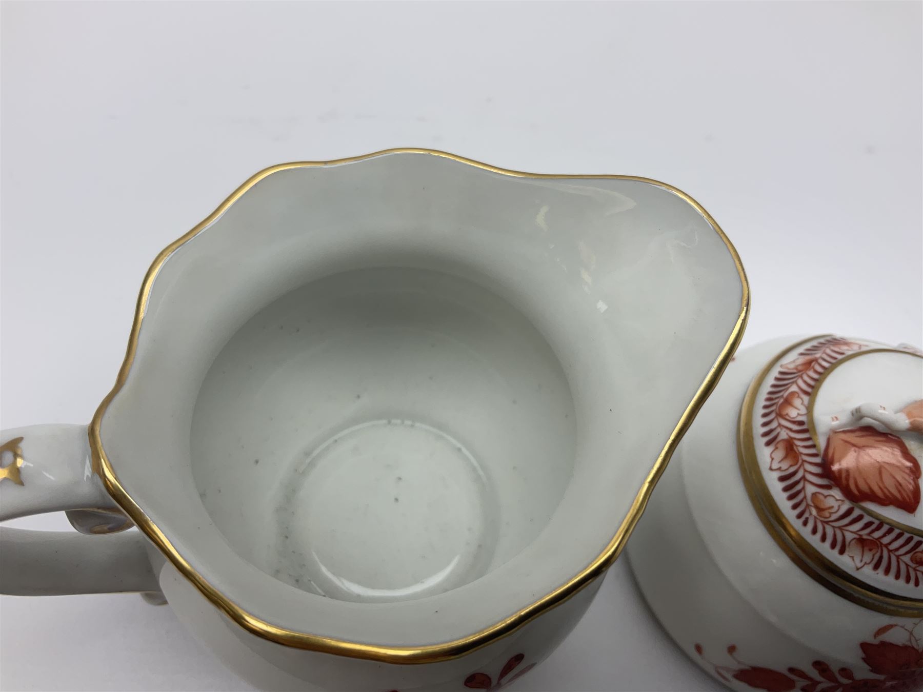 Herend Chinese Bouquet Rose pattern tea service comprising teapot, coffee pot, open sucrier, six cups and saucers, six tea plates, cream jug and stand, milk jug, two teabag holders, preserve pot, two leaf shaped dishes, four egg cups, salt & pepper pots, pair side plates and another plate