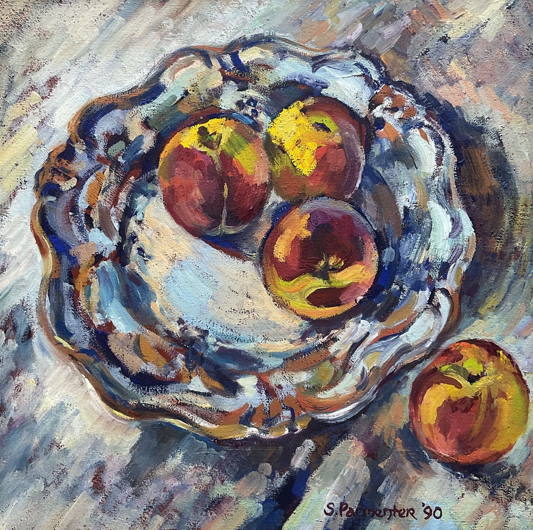 Susan Parmenter (British 1954-): Peaches on a Delft Plate, oil on canvas signed and dated ‘90, 35cm x 34cm 