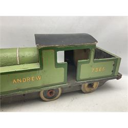 1960s scratch-built green, black and red painted wooden model of a 4-6-0 tank locomotive 'Andrew' No.7365 L88cm; and an unused wall mounting die-cast model display cabinet with glass door and shelves 52 x 40cm (2)