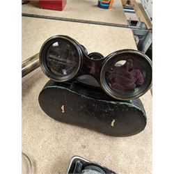 Pair of Busch Wimett binoculars, racing binoculars in tooled leather case, lorgnette and a telescope