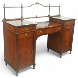 19th century mahogany Hepplewhite design pedestal sideboard or pair of bedside pedestals, each pedestal fitted with two drawers and cupboard, decorated with figured panelled doors and ebony stringing, curled leaf carved mounts over reeded half columns, on turned feet 