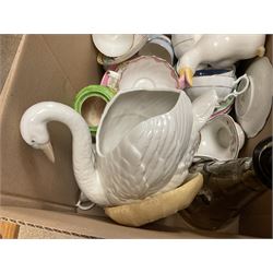 Nao vase in the form of a swan, together with various tea wares including 19th century and later tea cups and saucers, Royal Worcester coffee pot, without lid and other collectables, in two boxes 