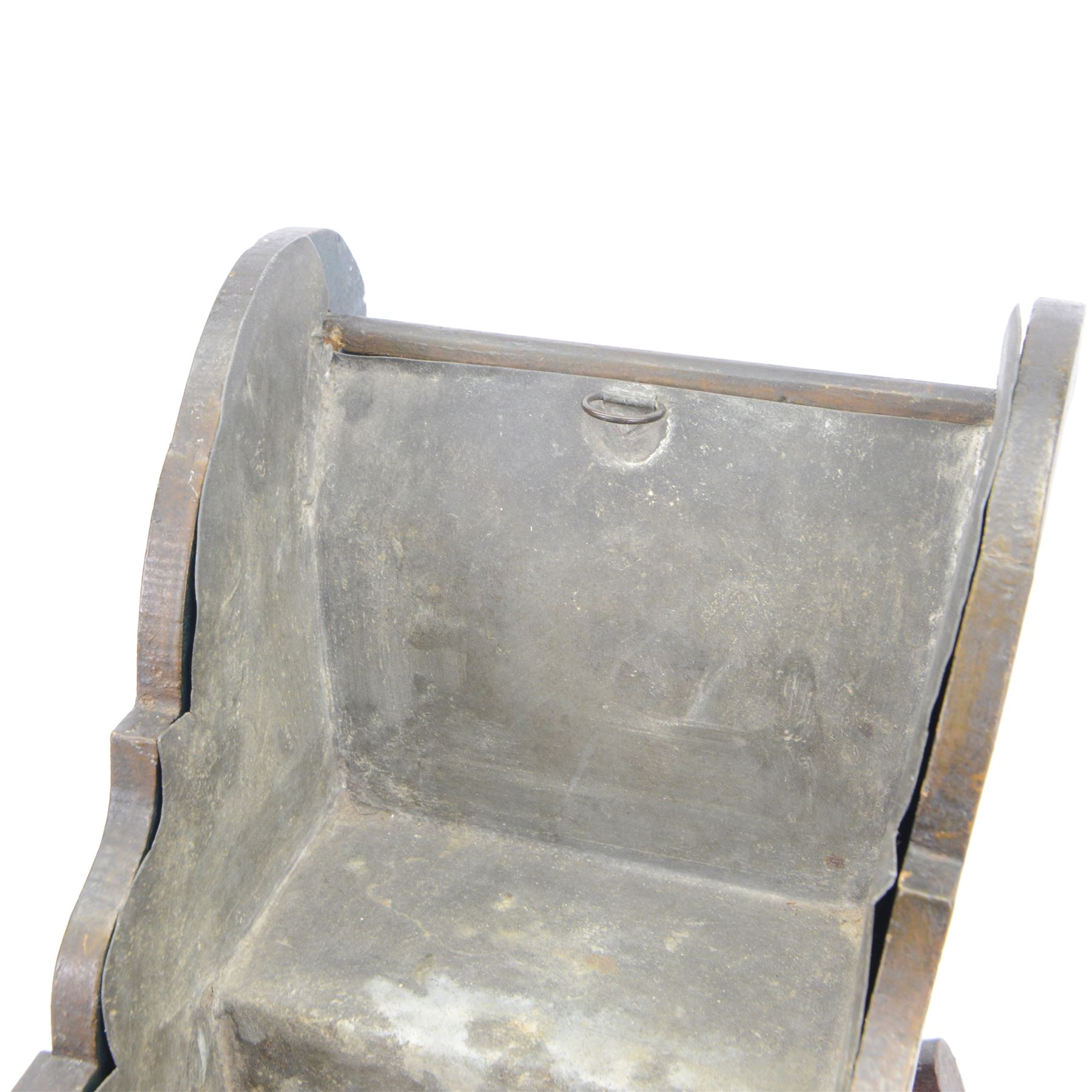 Unusual 18th century small Northern European wooden sled, with curved scroll back, the sides painted with coastal shipping scenes, the interior with removable zinc liner, upon curved irons painted with flower heads, H36cm W56cm D29cm