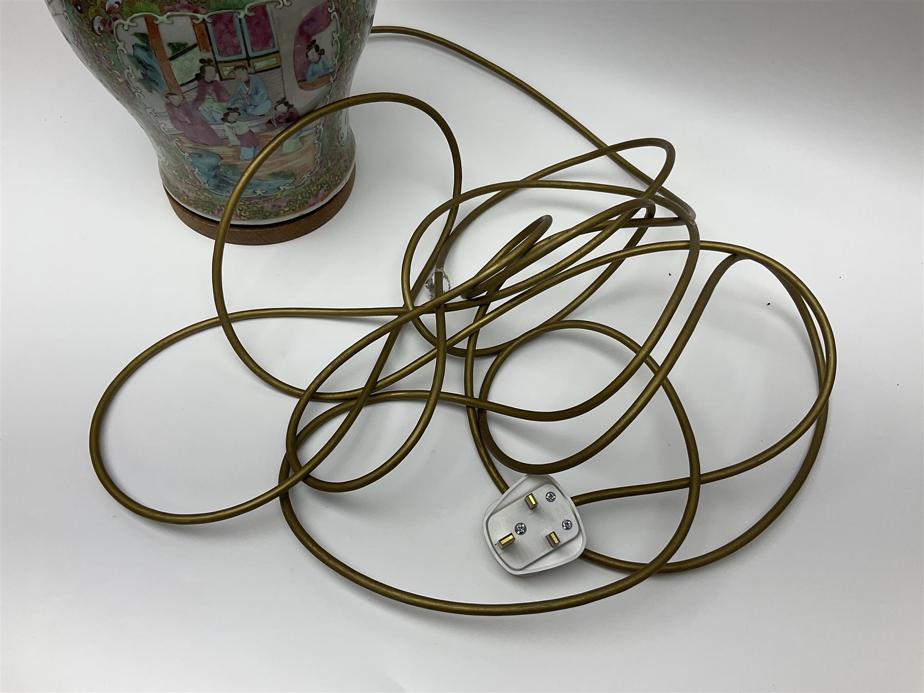 19th century Chinese Canton Famille Rose vase, decorated with figural panels against floral and foliate scroll ground, converted to a lamp, H46cm