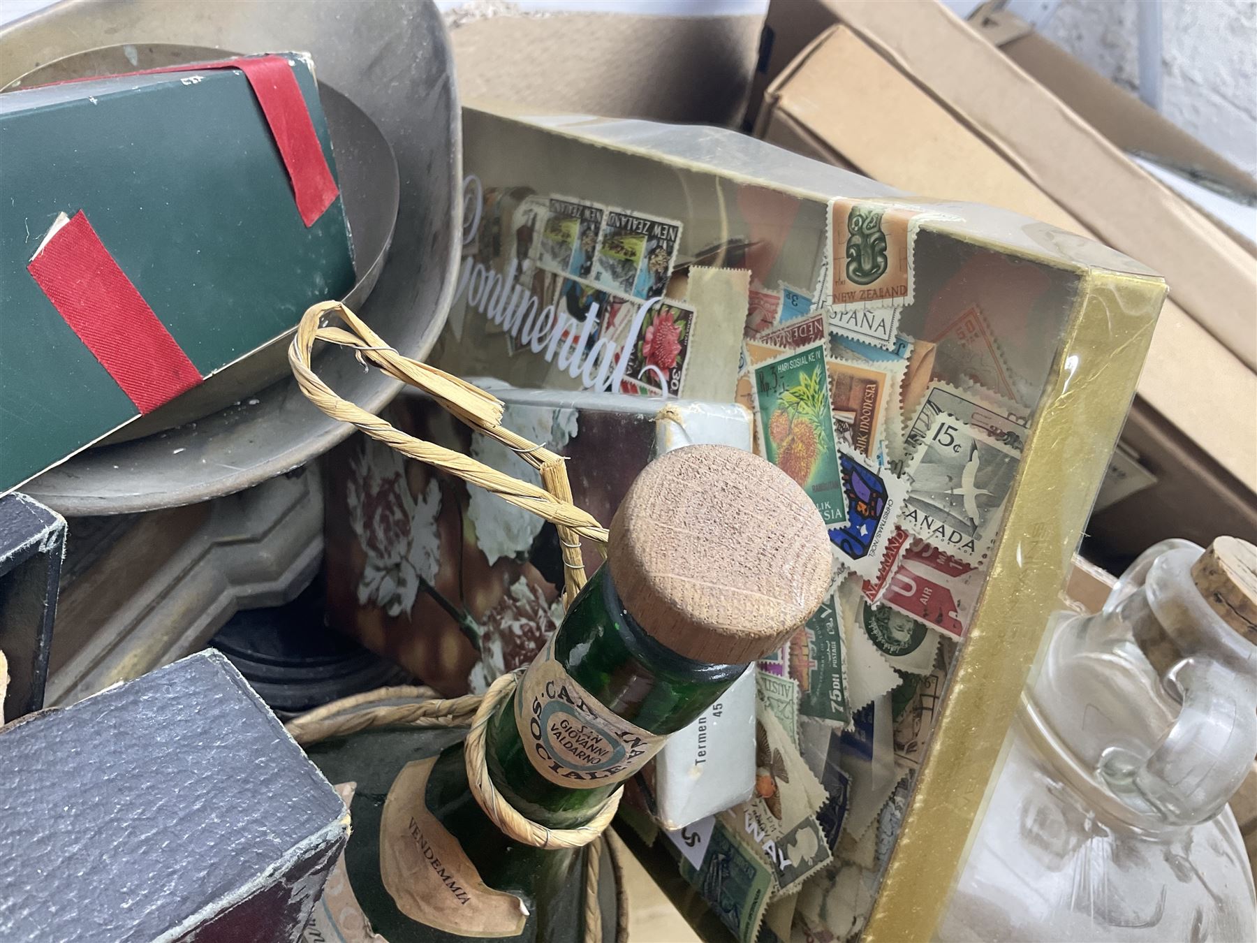 Clear glass demijohn / carboy, four wine bottles with wicker baskets, W T Avery & Co scales, Singer sewing machine, quantity of costume jewellery, trophy stand with silver-plate shields, quantity of vinyl records, stamps etc