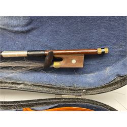 Four student violins - two Chinese three-quarter size with 33.5cm and 34cm two-piece backs; Stringers of Edinburgh quarter size with 28cm two-piece back; and Stentor quarter size with 28cm two-piece back; each in carrying case (4)