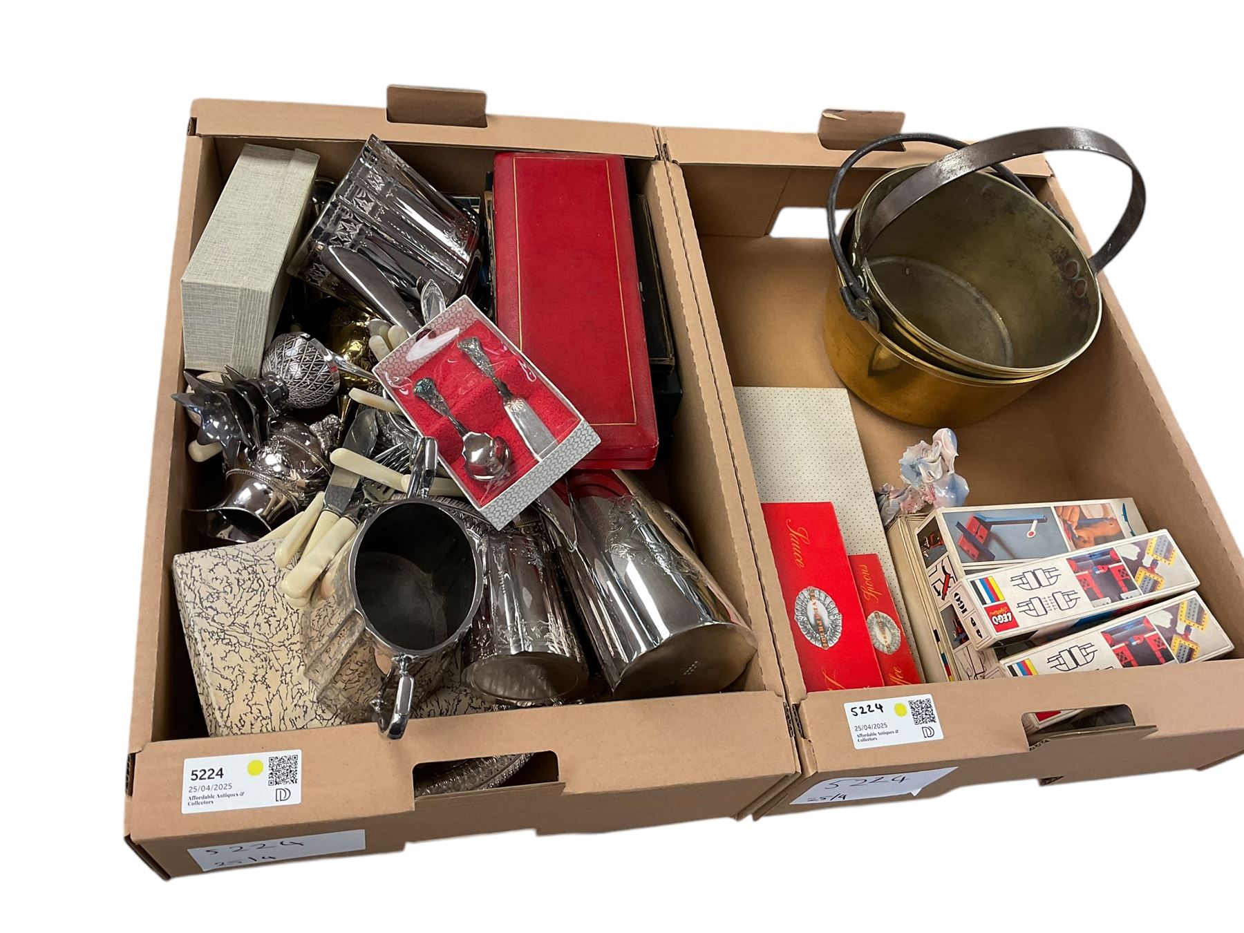Brass jam pan, together with collection of silver plate and other collectables, in two boxes 