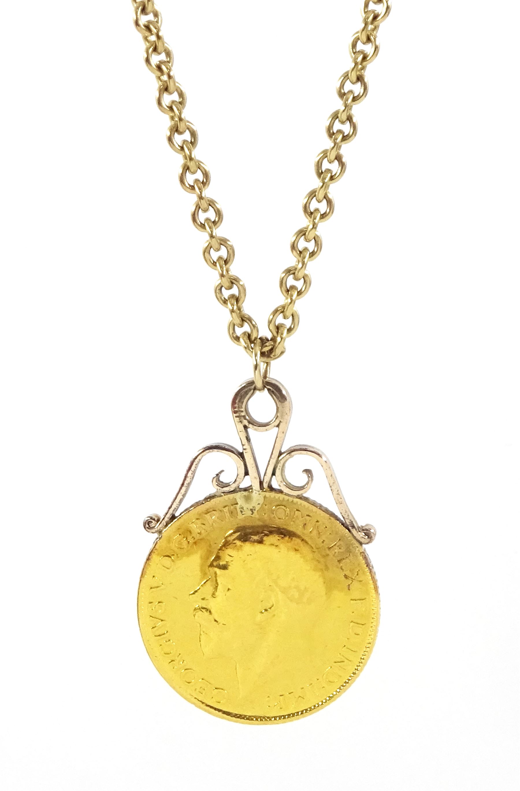 George V 1913 gold full sovereign, soldered pendant mount, on 9ct gold cable link chain necklace, hallmarked