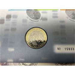 Seven The Royal Mint Royal Mail two pound coin covers, including 1999 'Rugby World Cup', 2003 'DNA Discoveries', 2004 'Classic Locomotives', 2007 '300th Anniversary of the Act of Union' etc