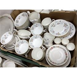 Quantity of part tea and dinner services, comprising Paragon Enchantment, Royal Doulton Rondelay and Paragon Belinda, to include tea and coffee pots, tea cups, twin handled soup bowls, covered dishes, plates etc, in three boxes 