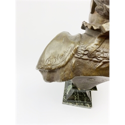 After R. Nannini, large bronzed spelter head and shoulder bust of Napoleon wearing a laurel wreath, on variegated green marble base with gilt metal 'N' and eagle, bears signature and Paris France fabrication medallion H54cm