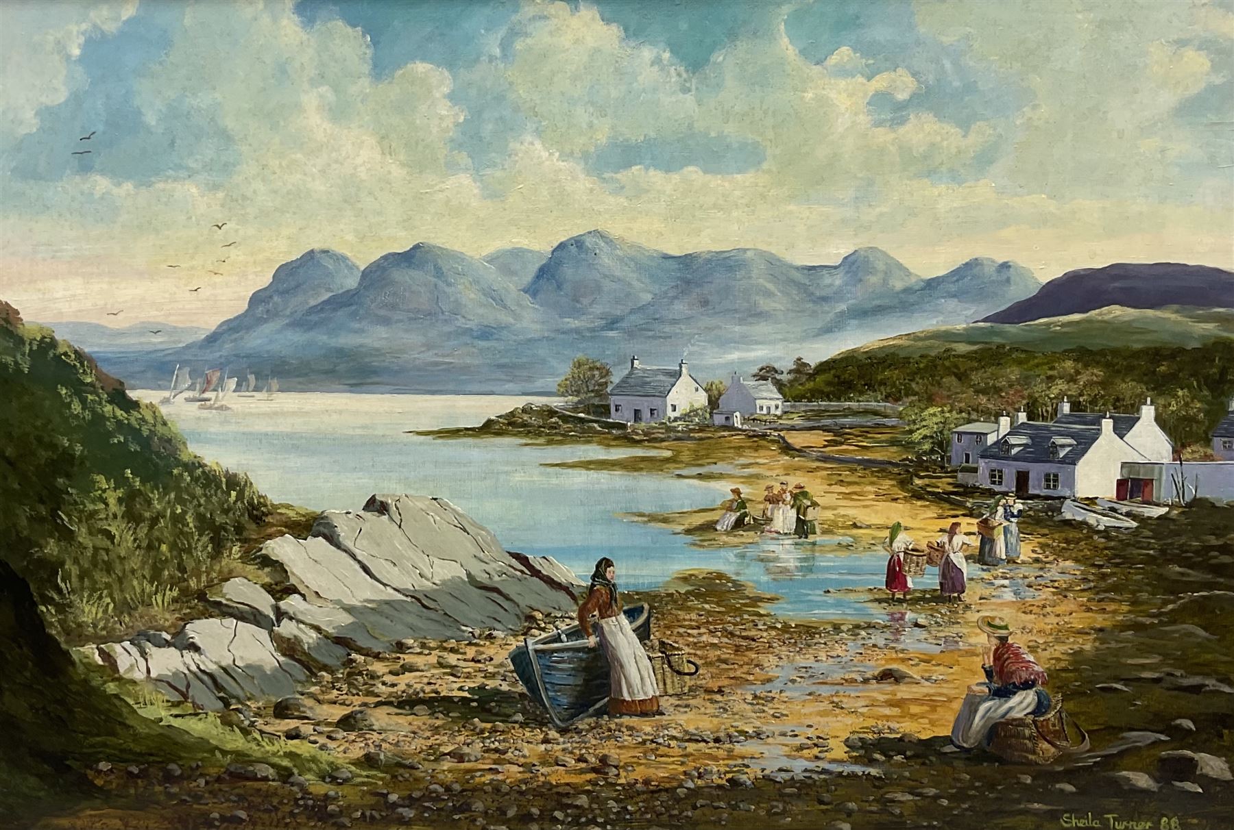 Sheila Turner (British 1941-): Ladies Working on the Shore, oil on board signed and dated '88, 50cm x 74cm